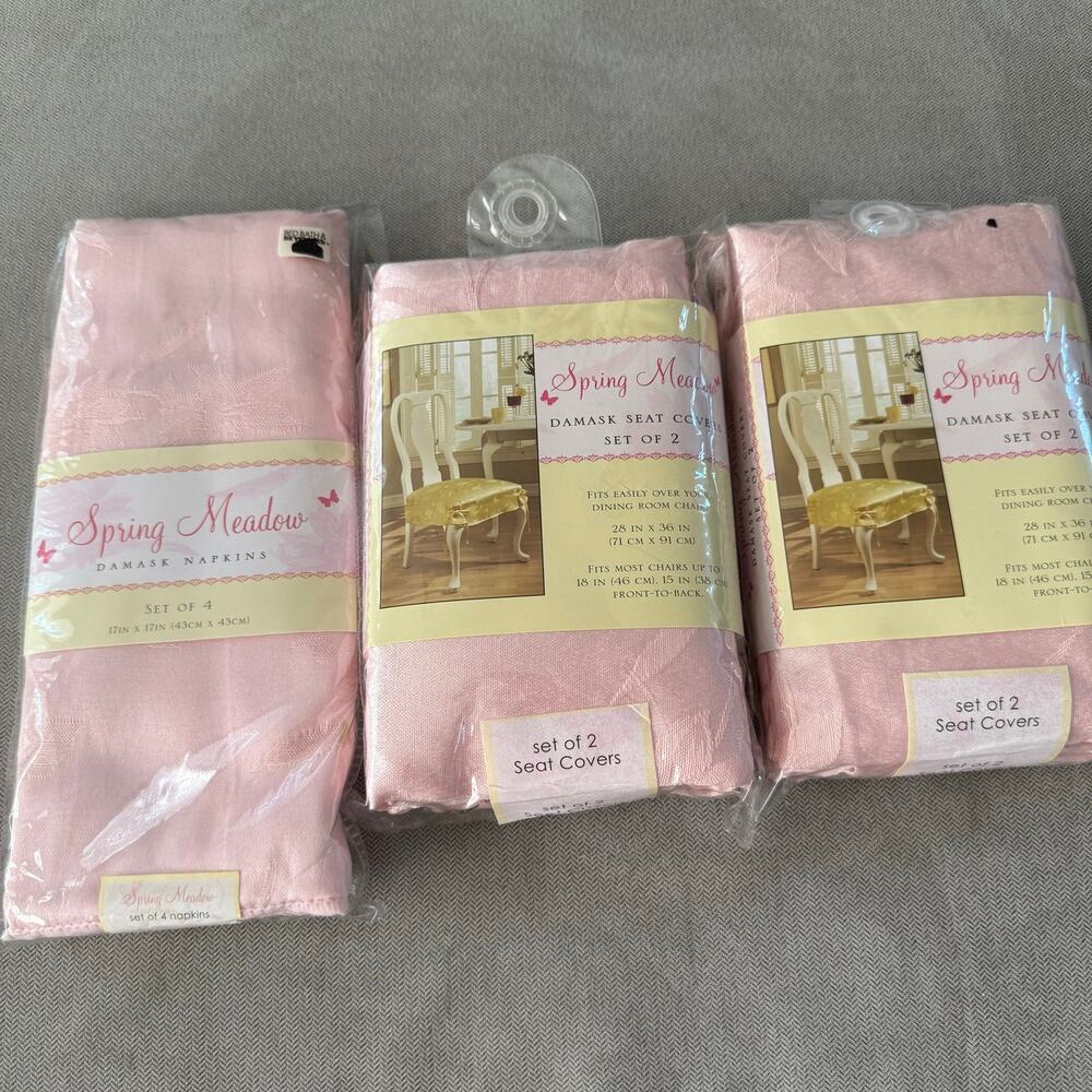 Spring Meadow Pink Damask Chair Seat Covers & Napkins Set Table Linens NEW